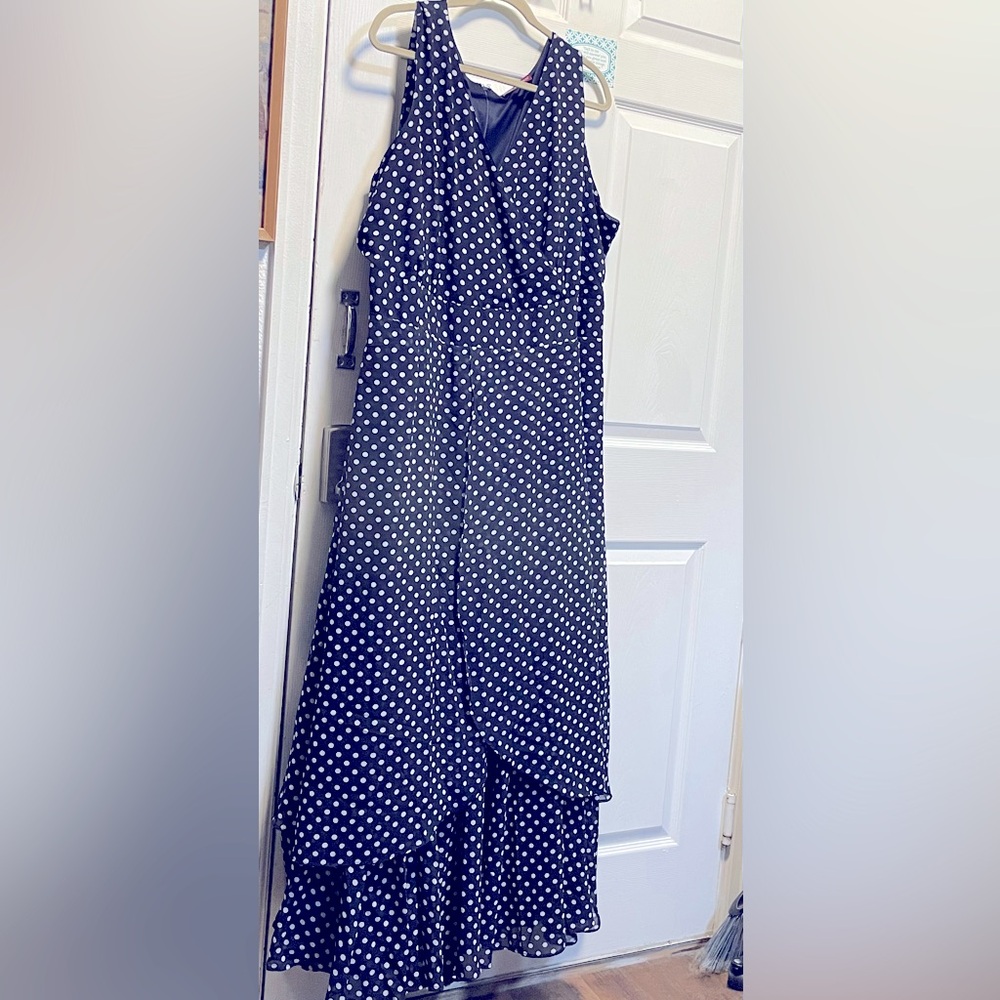 Elegant Navy Polka Dot Dress. Jessica London fly away maxi